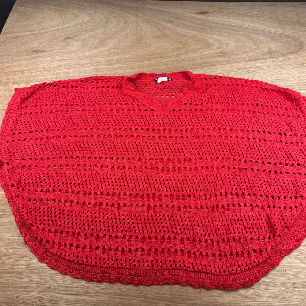 Sweaterworks Red Crochet Poncho Open Knit Capelet One Size Boho Made USA